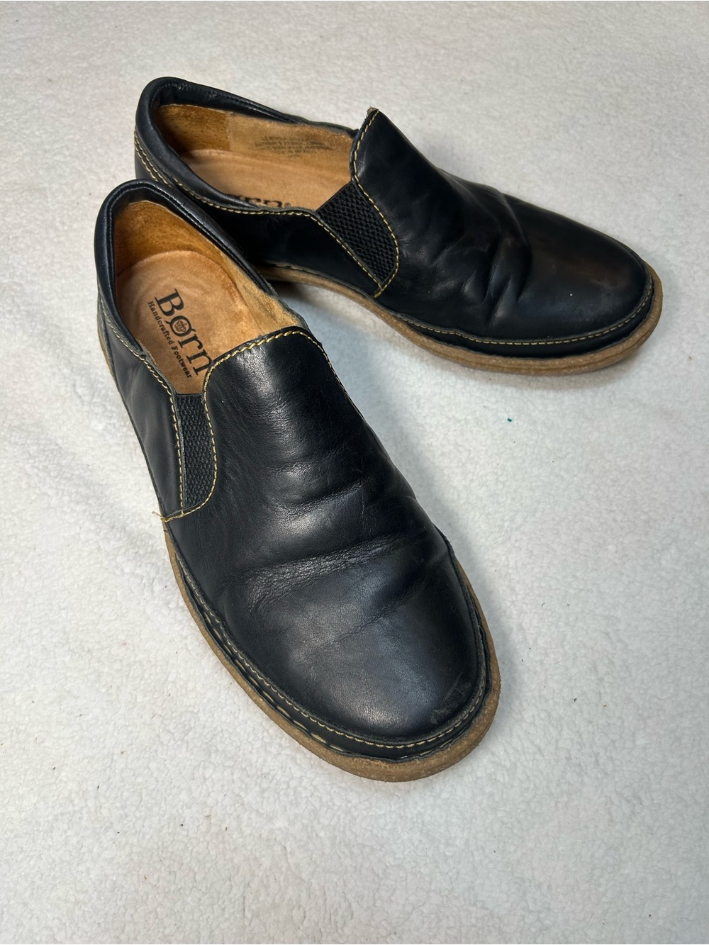 Born Black Leather Slip-On Loafers with Contrast Stitching